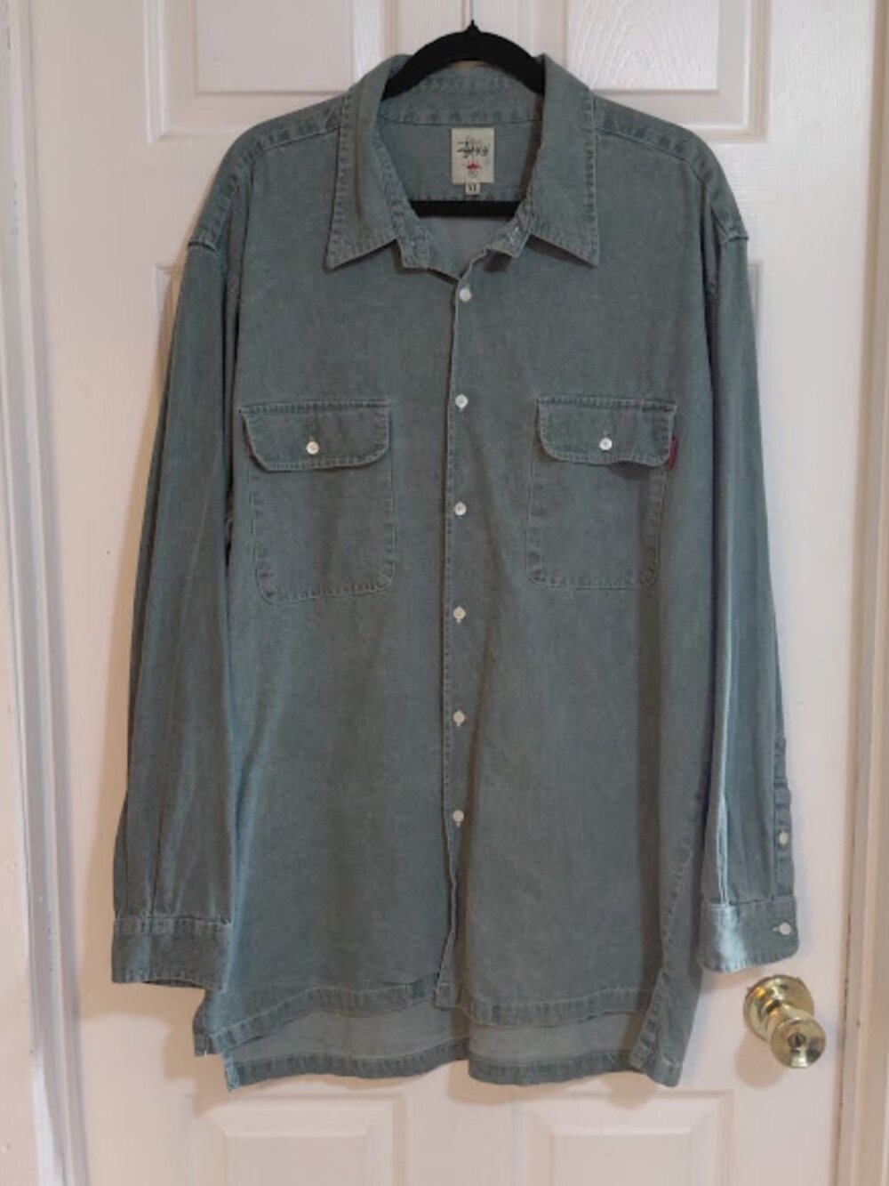 Vintage Stussy Work Faded Sage Green Denim Long Sleeve Button Up Shirt Size XL